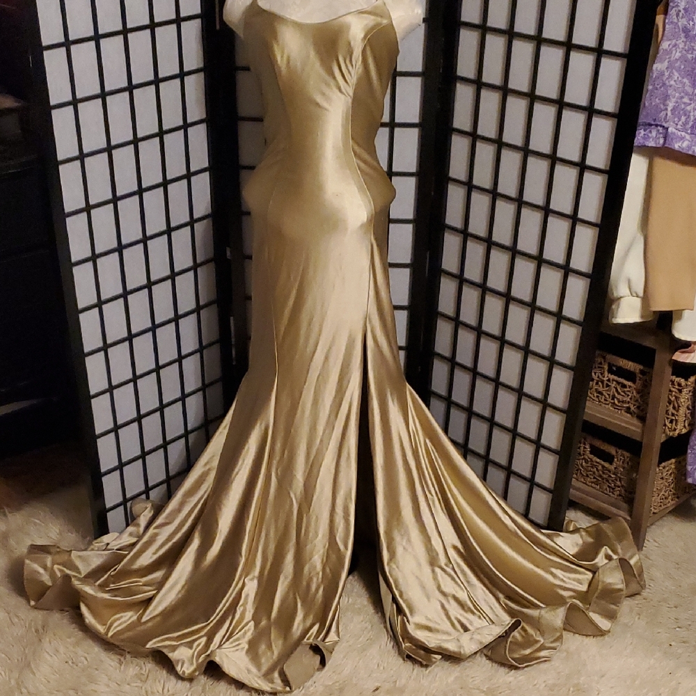 Ava Presley Style #35731, Brushed Gold Mermaid Gown With Cutout Back & Train - Picture 6 of 17